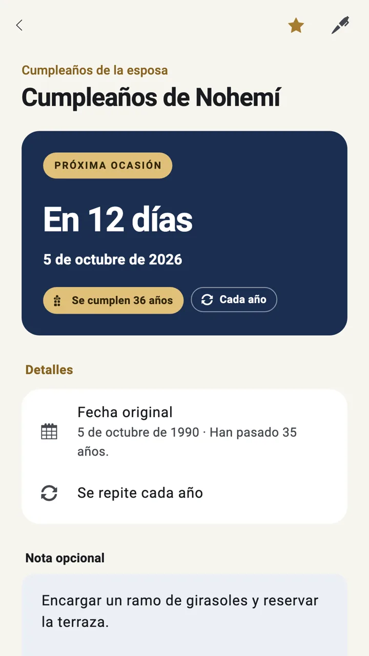Detalle de una fecha: cumpleaños en 12 días, se cumplen 36 años, con una nota para preparar el detalle.