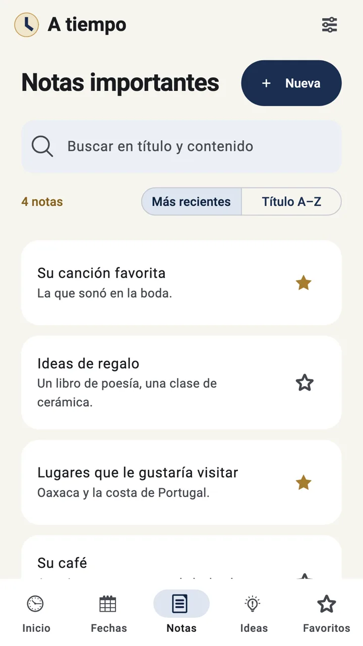 Lista de notas: su canción favorita, ideas de regalo y lugares que le gustaría visitar.