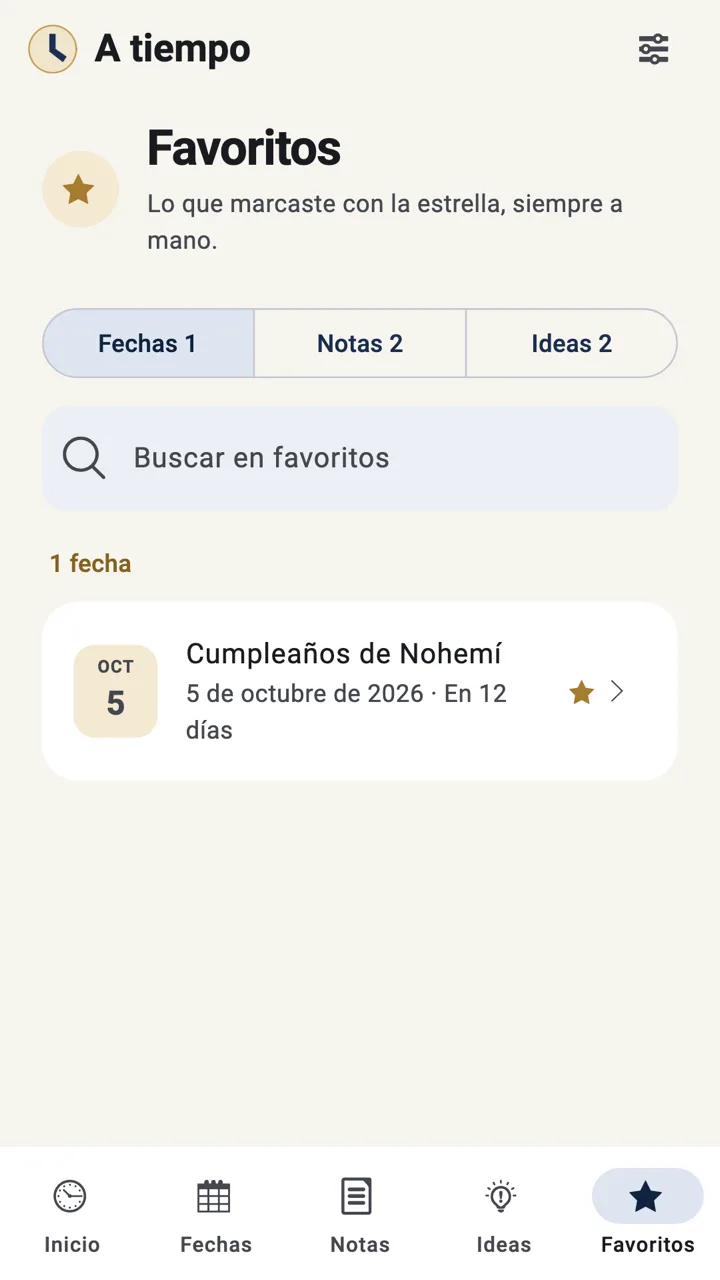 Pantalla de favoritos con fechas, notas e ideas marcadas con estrella.
