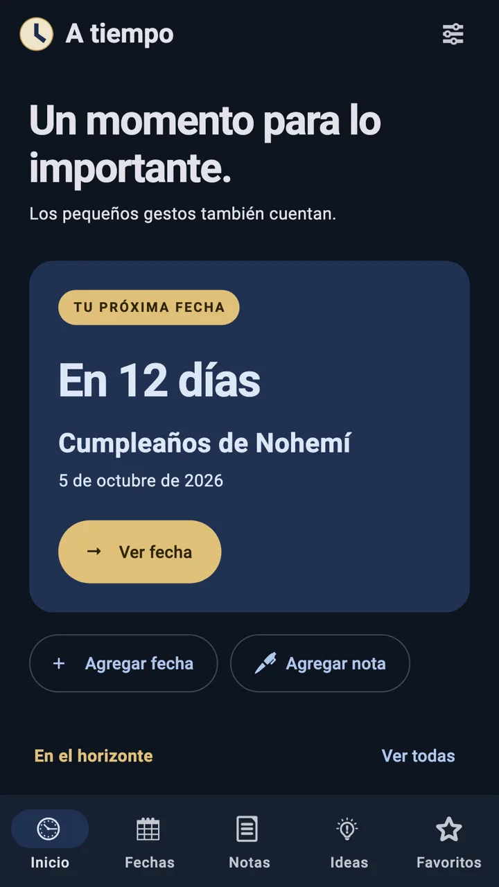 Pantalla de inicio en tema oscuro.